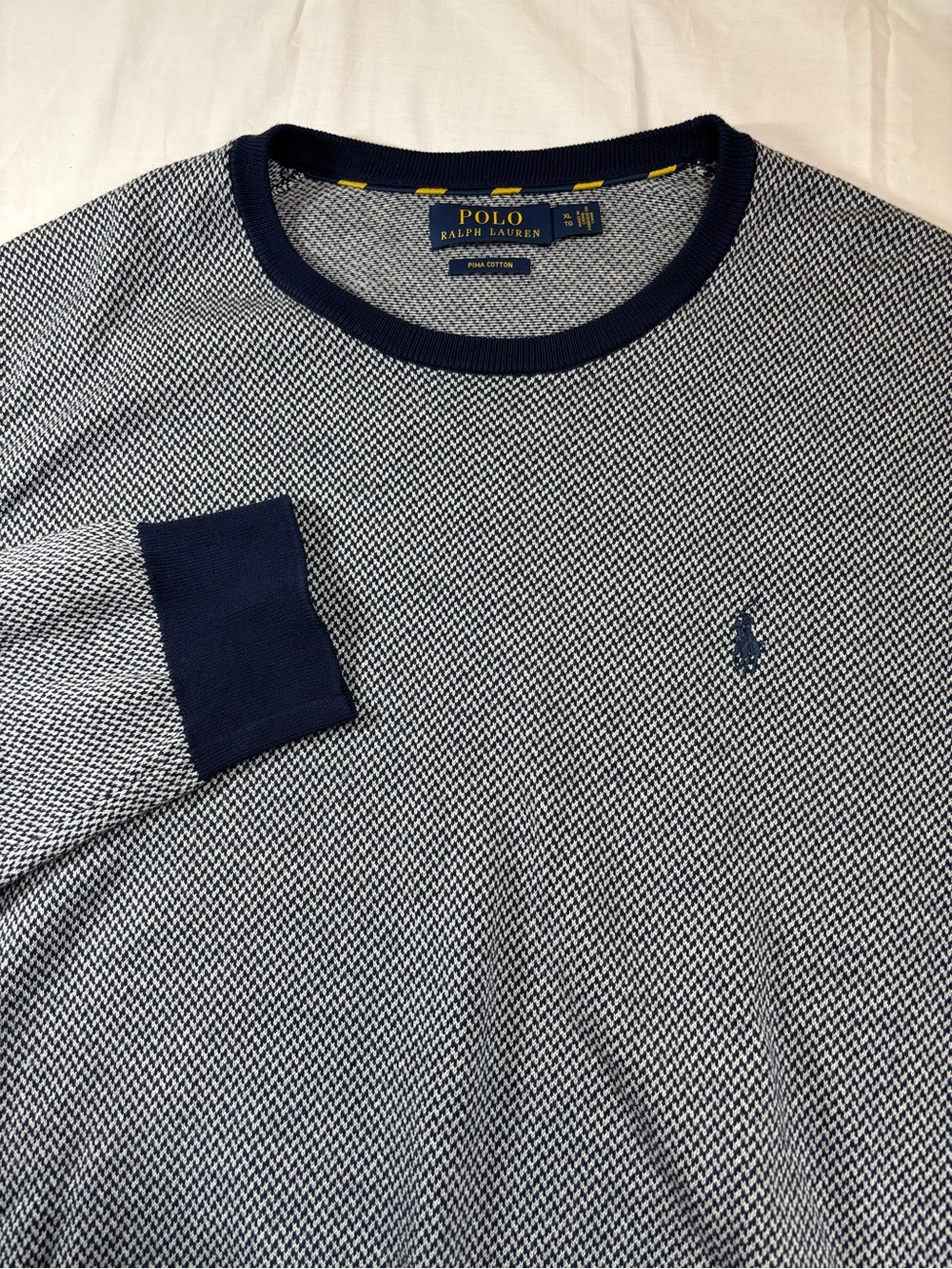 Ralph Lauren Men's Navy & White Pima cotton Textured Crewneck Sweater